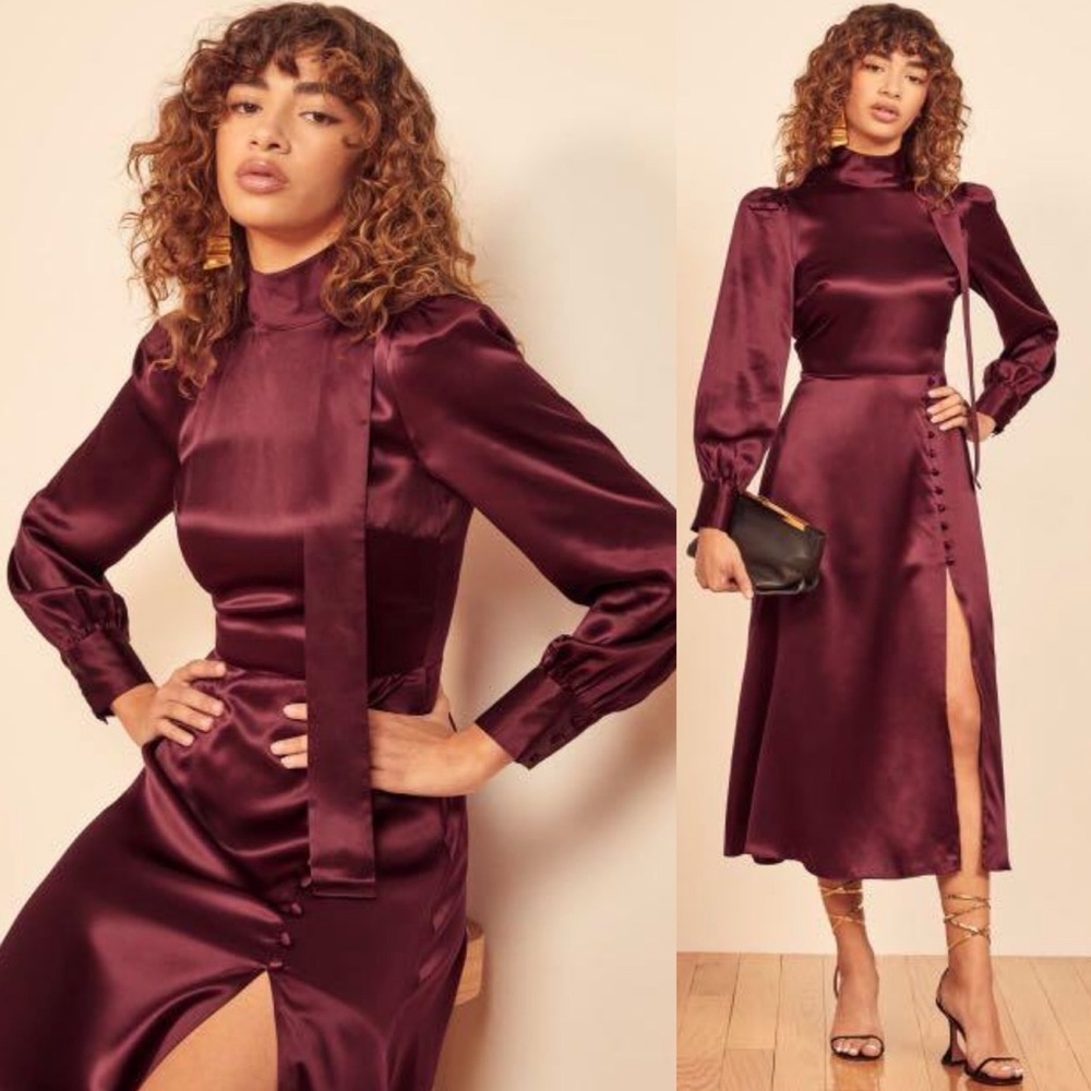 Reformation Maple Silk Midi Dress Plum Burgundy Womens 2 EUC - Picture 5 of 17